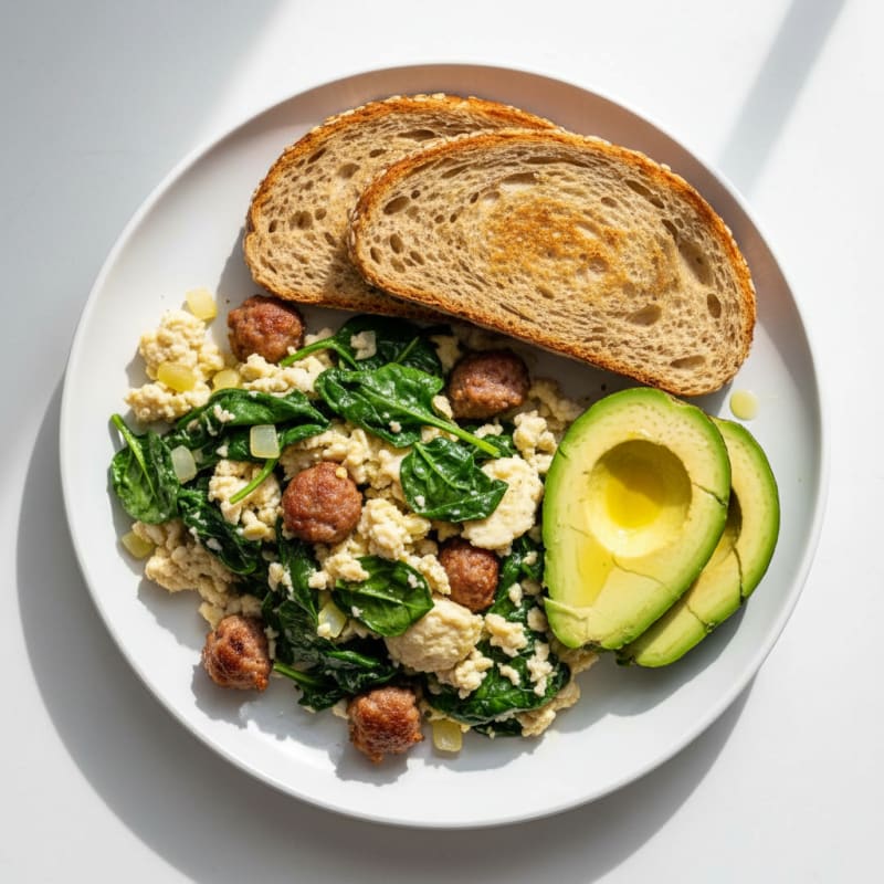 Egg White Spinach Scramble with Turkey Sausage