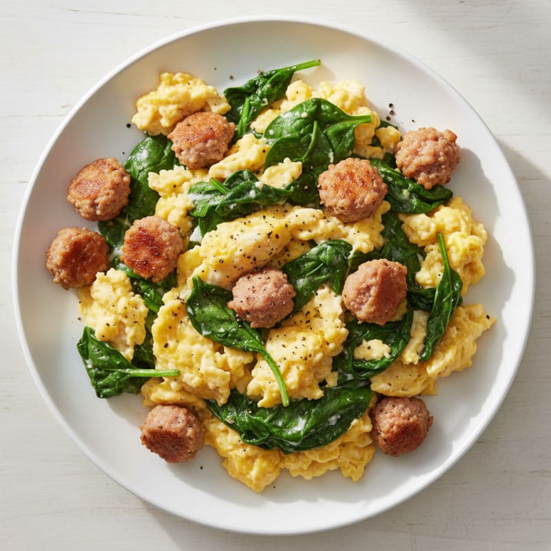 Creamy Scrambled Eggs with Sautéed Spinach and Turkey Sausage