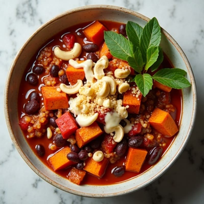Hearty Black Bean and Sweet Potato Chili with Creamy Cashew Drizzle