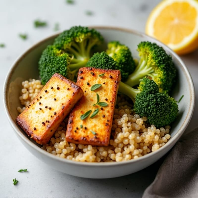 Seared Tofu and Quinoa Bowl with Roasted Broccoli