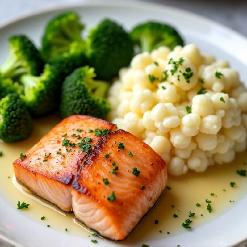 Seared Salmon with Steamed Broccoli and Garlic Mashed Cauliflower