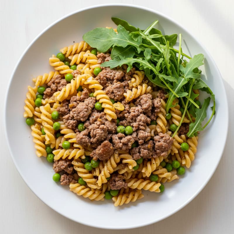 Ground Beef and Pea Chickpea Pasta with Peppery Arugula