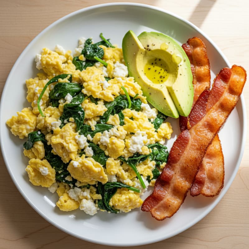 Cottage Cheese Egg Scramble with Spinach and Turkey Bacon
