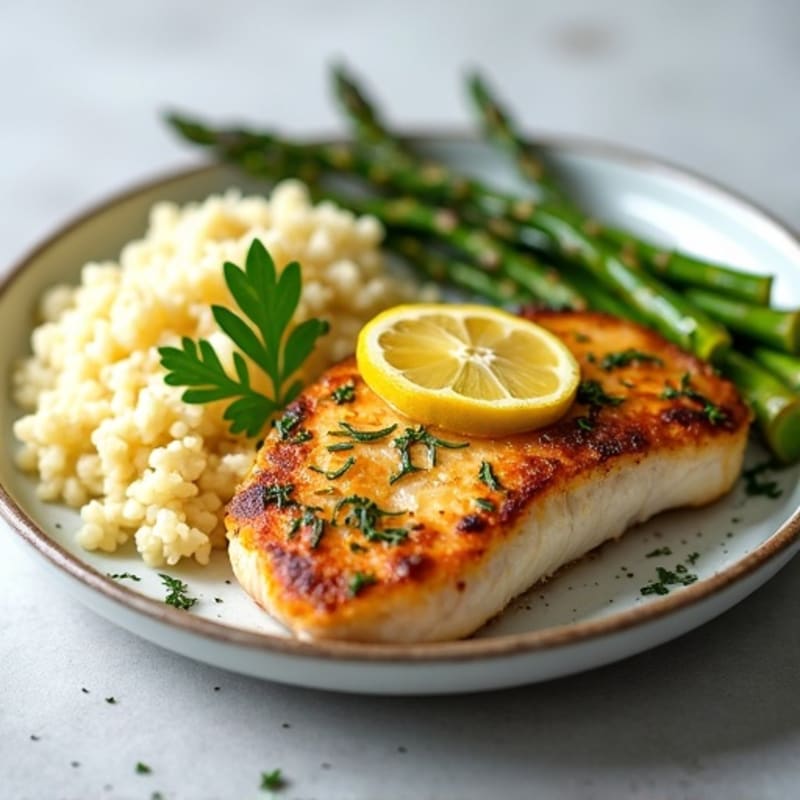 Lemon Herb Pan-Seared Chicken Breast with White and Cauliflower Rice Blend and Roasted Asparagus