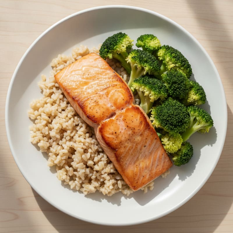 Seared Salmon Fillet with Steamed Broccoli and Brown Rice
