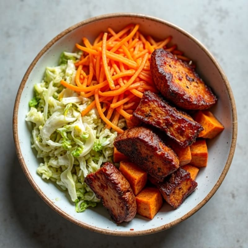 Crispy Smoky BBQ Tempeh Bowl with Roasted Sweet Potato and Crunchy Slaw