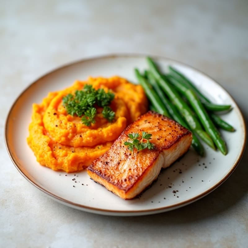 Seared Salmon Fillet with Steamed Green Beans and Sweet Potato Mash