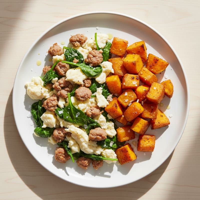 Egg White and Turkey Sausage Scramble with Spinach and Roasted Sweet Potatoes