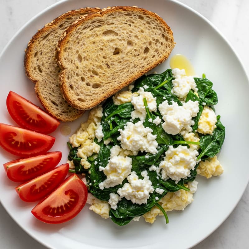 Egg White Spinach Scramble with Cottage Cheese and Sliced Tomatoes