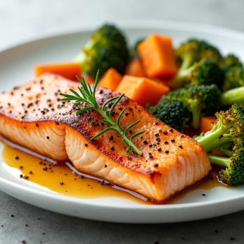 Roasted Salmon with Roasted Sweet Potato and Crispy Broccoli