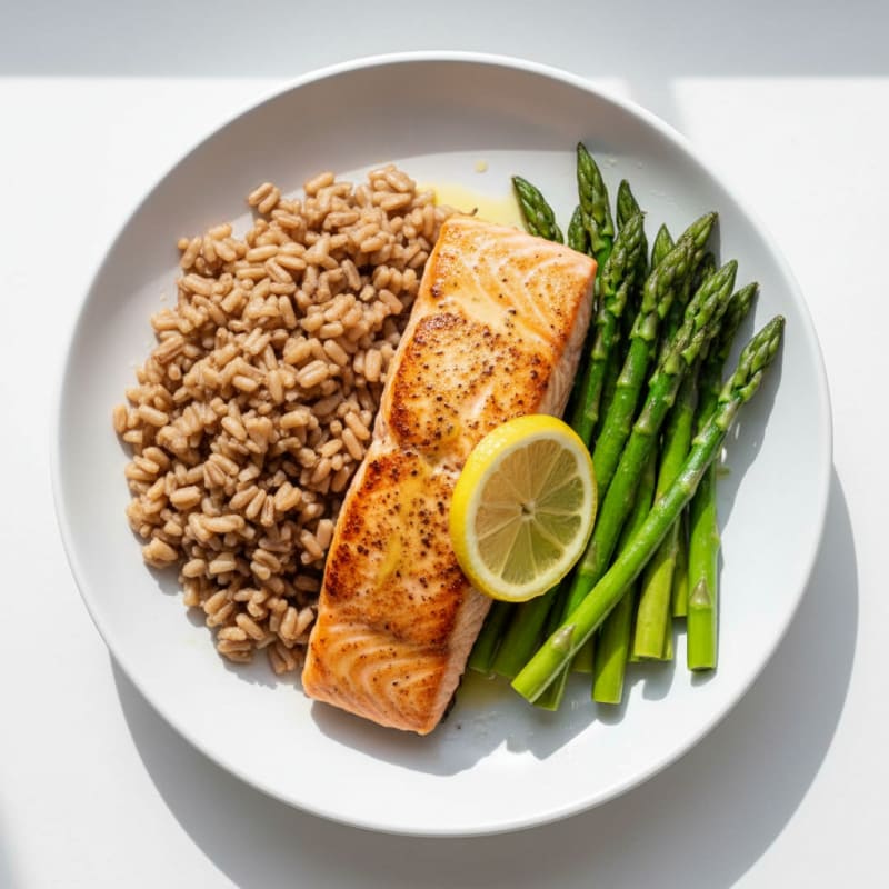 Seared Salmon with Steamed Asparagus and Brown Rice