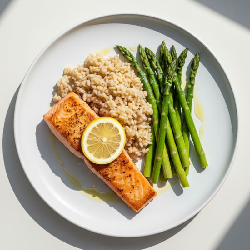 Seared Salmon Fillet with Steamed Asparagus and Brown Rice