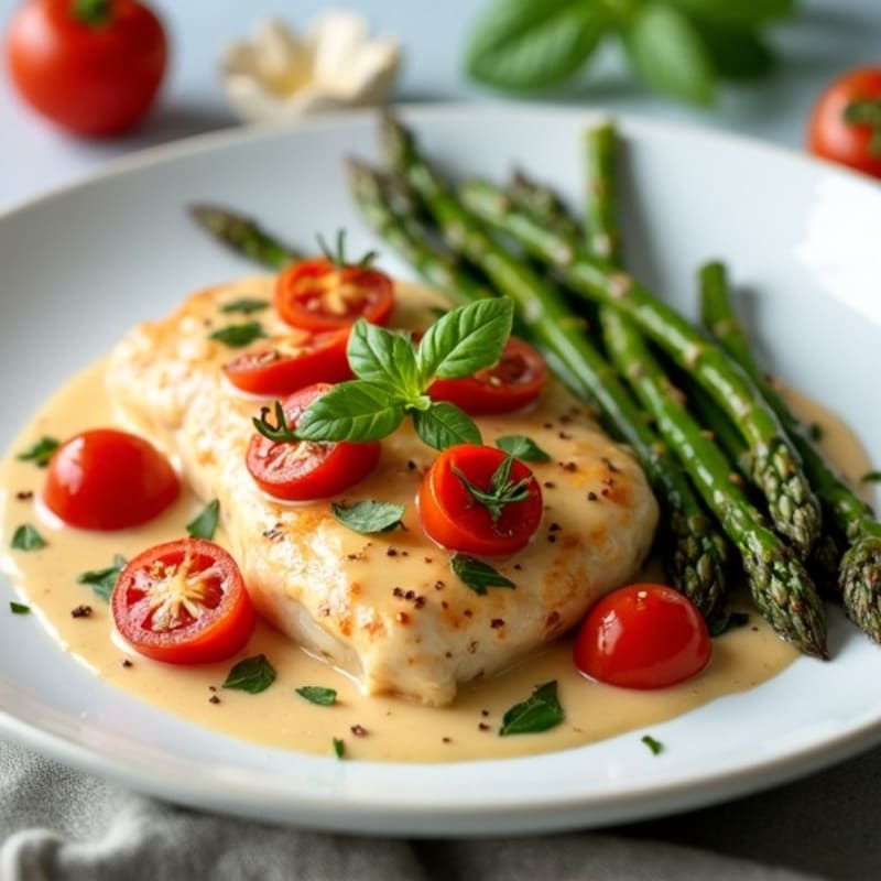 Creamy Tomato Basil Chicken with Roasted Asparagus