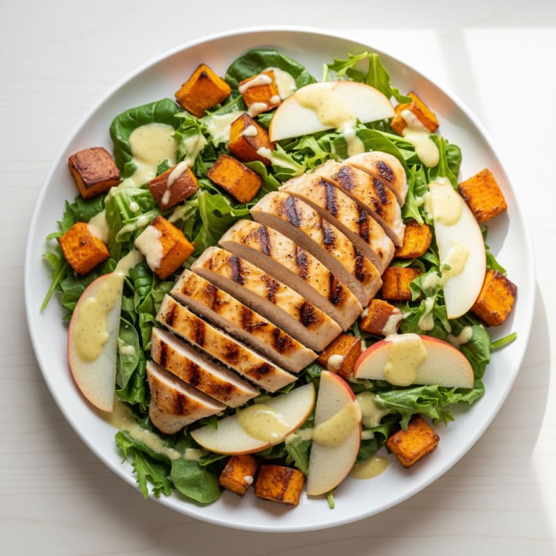Grilled Chicken Breast Salad with Roasted Sweet Potatoes and Mixed Greens