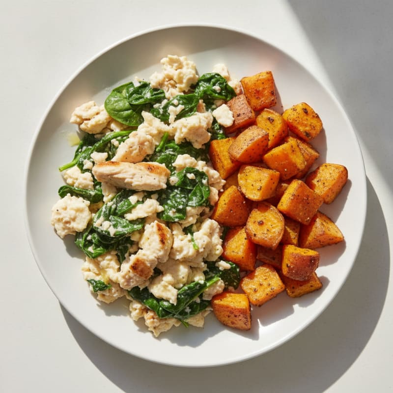 Chicken and Spinach Egg White Scramble with Roasted Sweet Potatoes