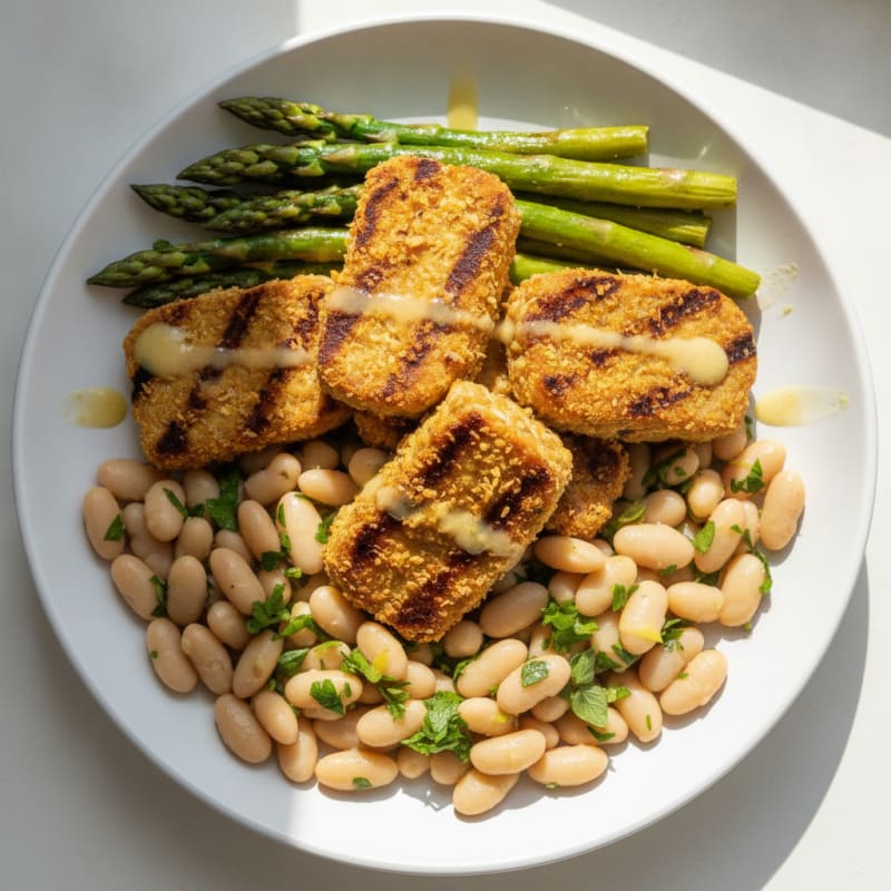 Grilled Tempeh with Steamed Asparagus and Herbed White Beans
