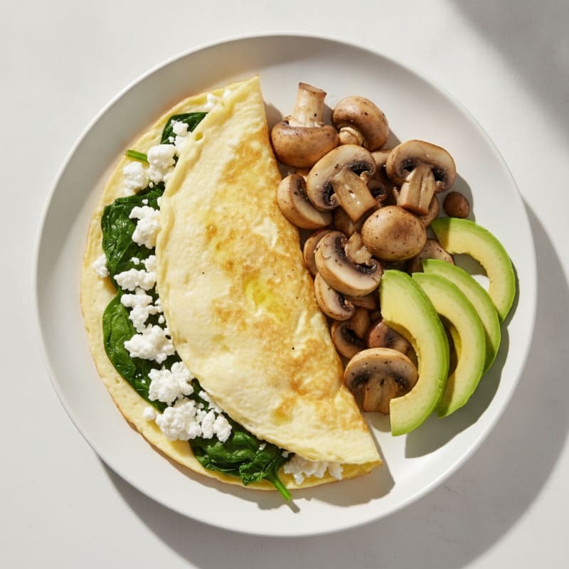 Egg White Spinach Omelette with Cottage Cheese and Sautéed Mushrooms