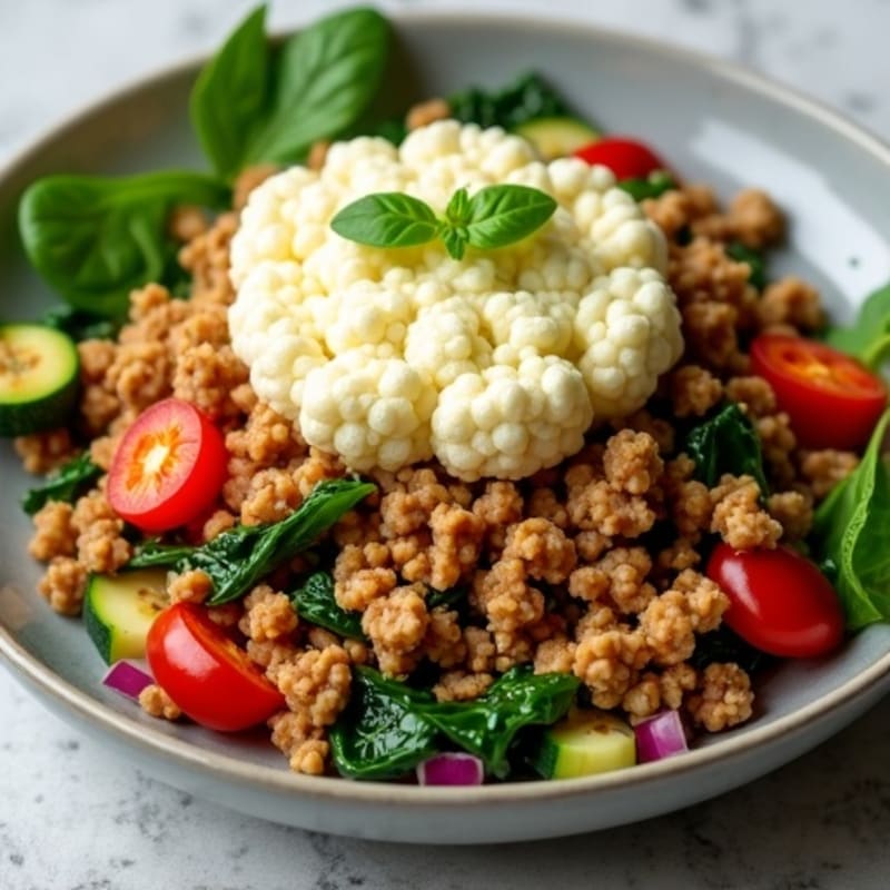 Lean Ground Turkey and Mixed Vegetable Skillet with Creamy Cauliflower Topping