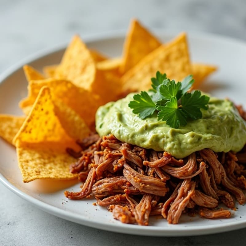 Smoky Shredded Pork with Crispy Baked Tortilla Chips and Fresh Avocado Crema