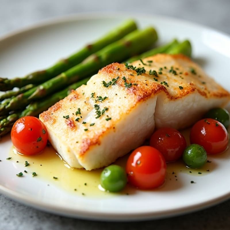 Seared Cod with Roasted Asparagus and Cherry Tomatoes