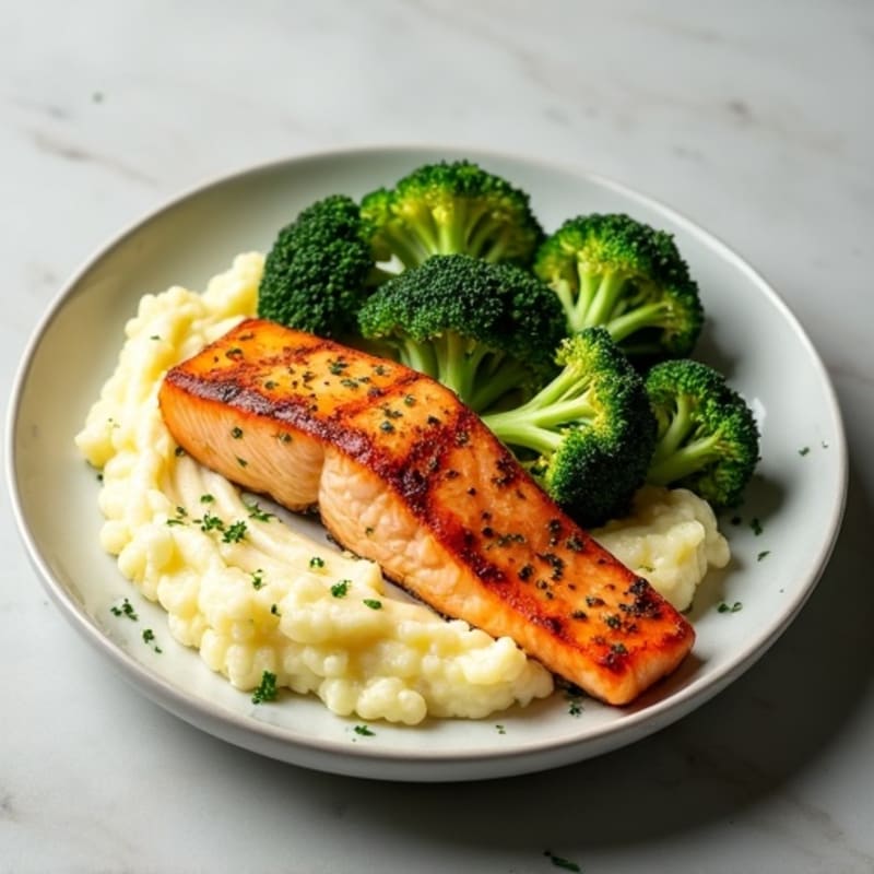 Seared Salmon Fillet with Steamed Broccoli and Garlic Cauliflower Mash