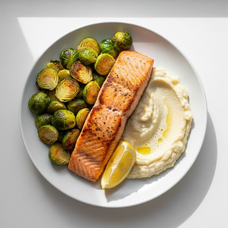 Seared Salmon with Roasted Brussels Sprouts and Cauliflower Mash