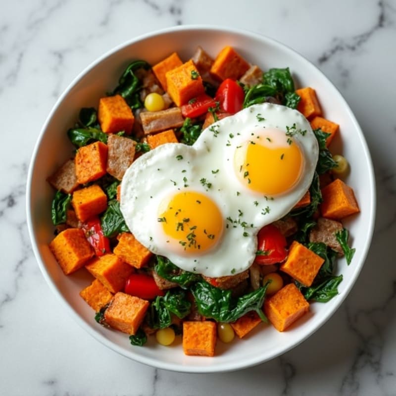 Sweet Potato Hash with Poached Eggs and Creamy Lemon-Dill Sauce
