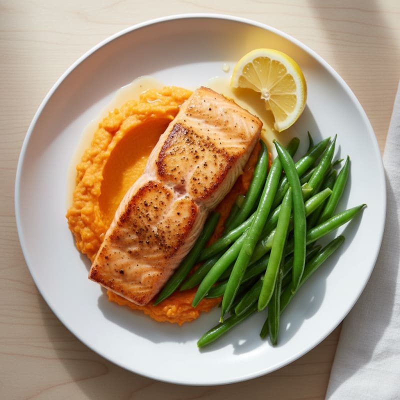 Seared Salmon Fillet with Steamed Green Beans and Sweet Potato Mash