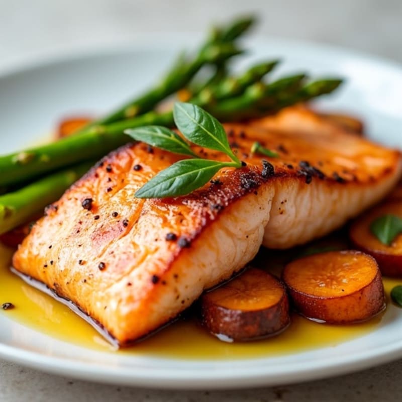 Seared Salmon with Roasted Sweet Potato and Asparagus