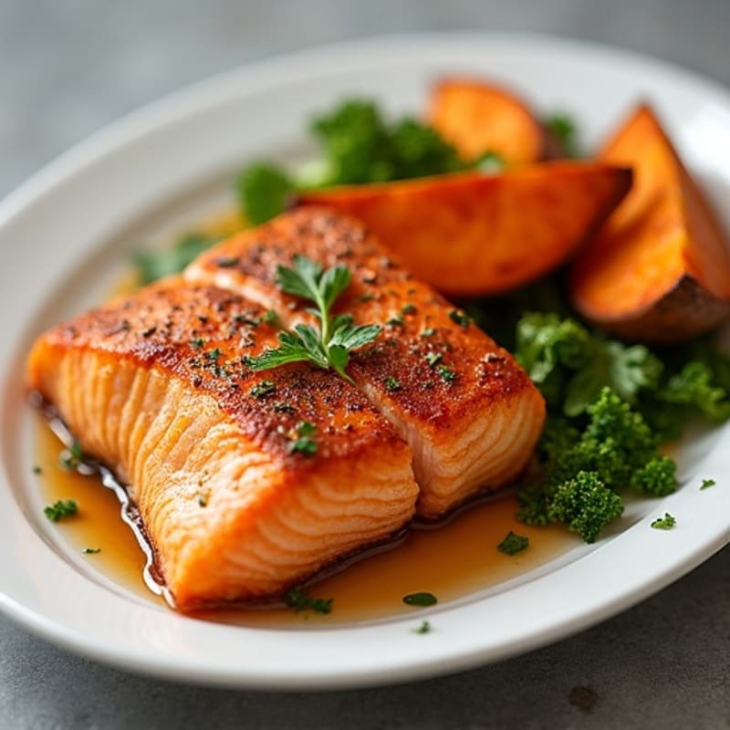 Crispy Air Fryer Maple-Glazed Salmon with Roasted Sweet Potato Wedges