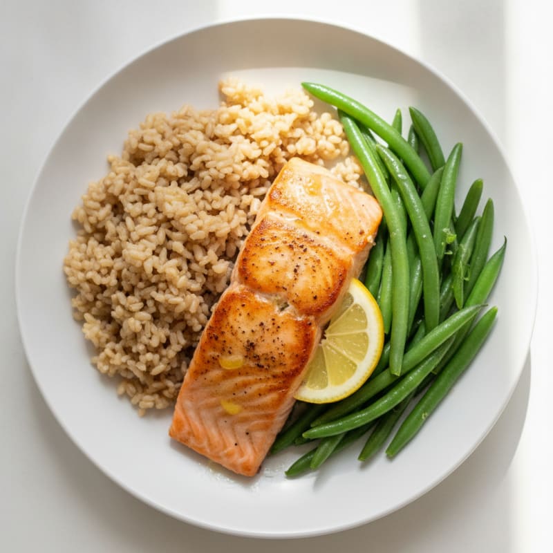 Seared Salmon with Steamed Green Beans and Brown Rice