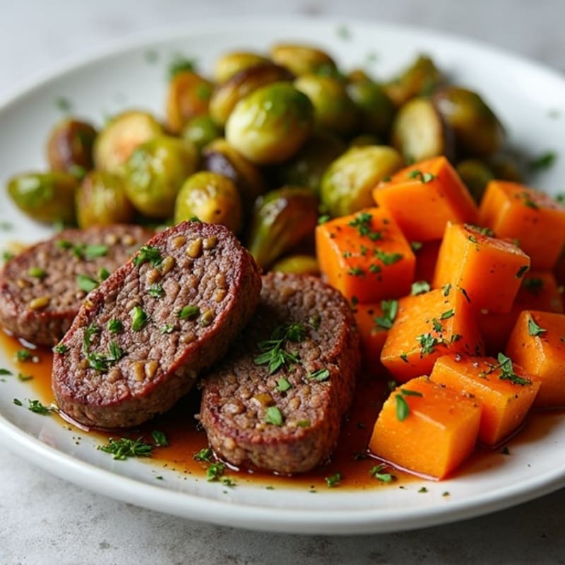Herb-Roasted Ground Beef with Crispy Brussels Sprouts and Sweet Potato