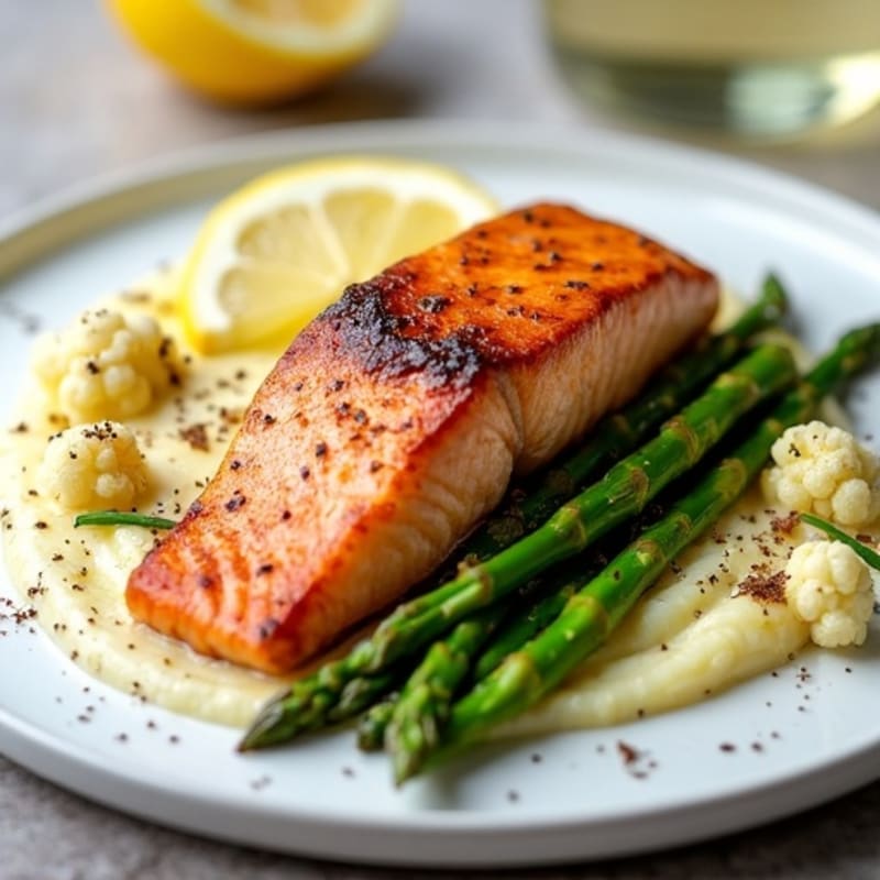 Seared Salmon with Roasted Asparagus and Cauliflower Mash