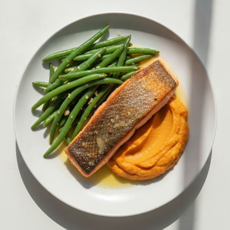 Seared Salmon Fillet with Garlic Green Beans and Sweet Potato Mash