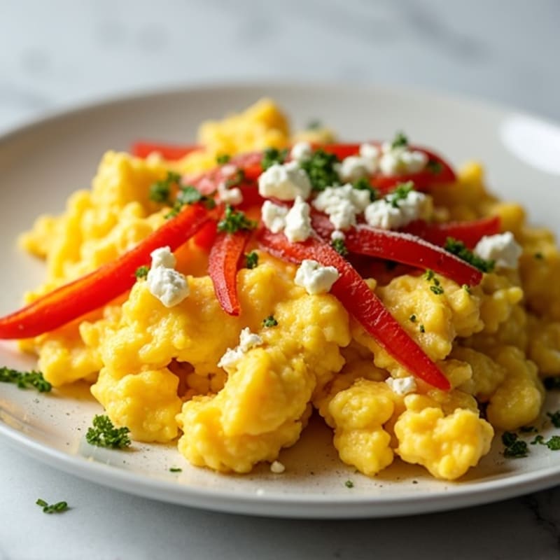 Fluffy Scrambled Eggs with Sautéed Bell Peppers and Crumbled Feta