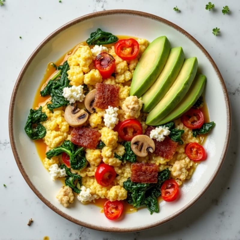 Egg White Veggie Scramble with Cottage Cheese, Turkey Bacon & Avocado