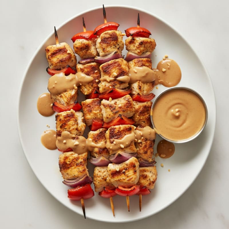 Chicken and Veggie Skewers with Creamy Peanut Sauce