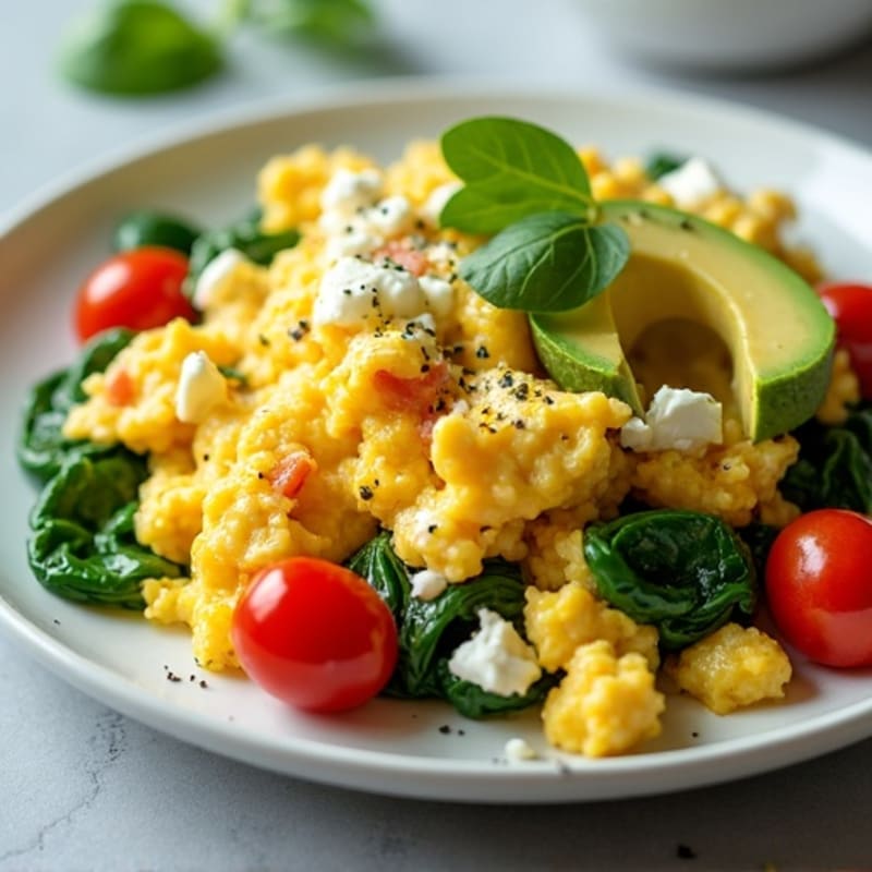 Cottage Cheese Egg Scramble with Spinach and Cherry Tomatoes