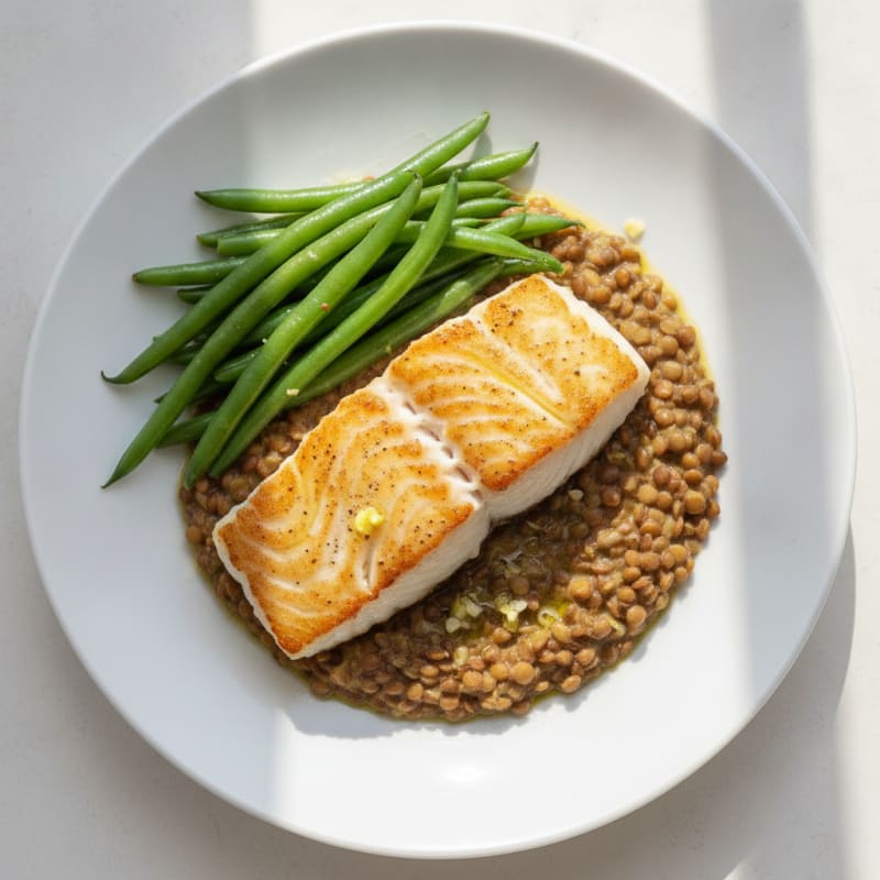 Seared Cod with Steamed Green Beans and Lentil Mash