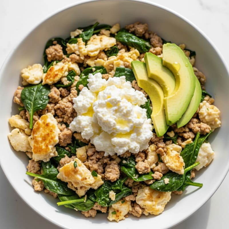 Egg White and Turkey Spinach Scramble with Cottage Cheese