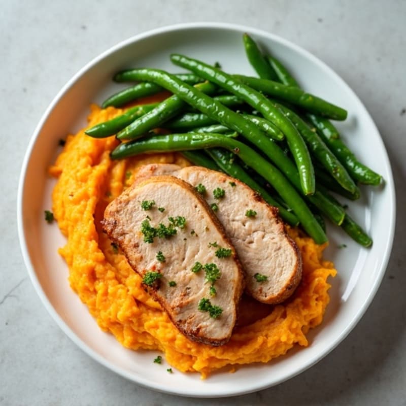 Seared Turkey Breast with Garlic Green Beans and Sweet Potato Mash