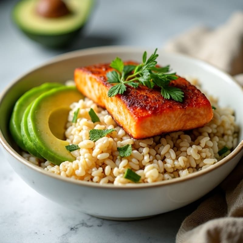 Crispy Pan-Seared Salmon Rice Bowl with Fresh Avocado and Cucumber
