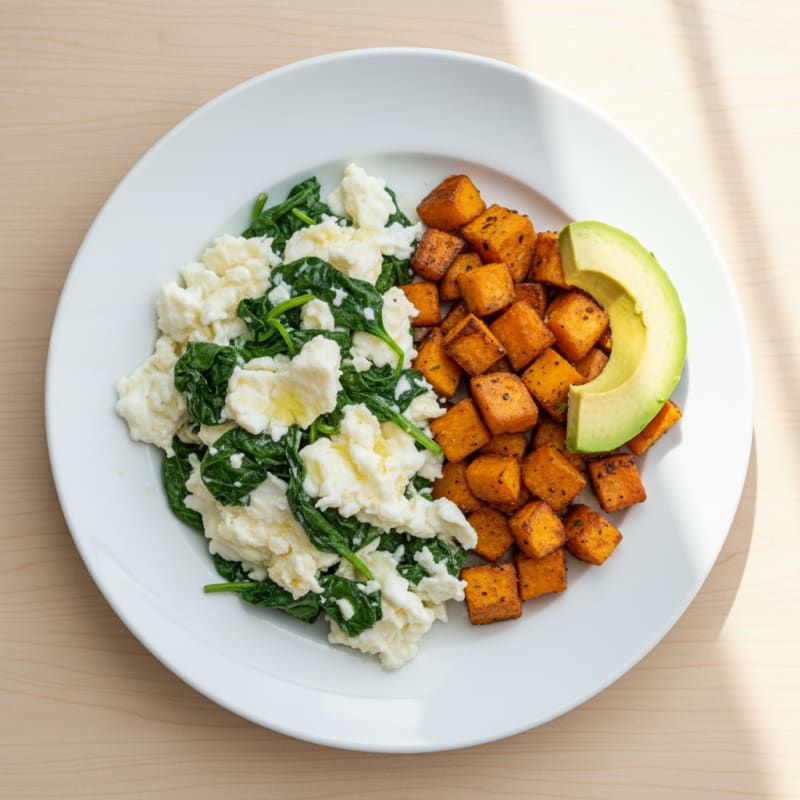Egg White and Spinach Scramble with Roasted Sweet Potatoes