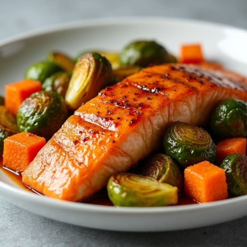 Maple-Glazed Salmon with Crispy Roasted Brussels Sprouts and Sweet Potatoes