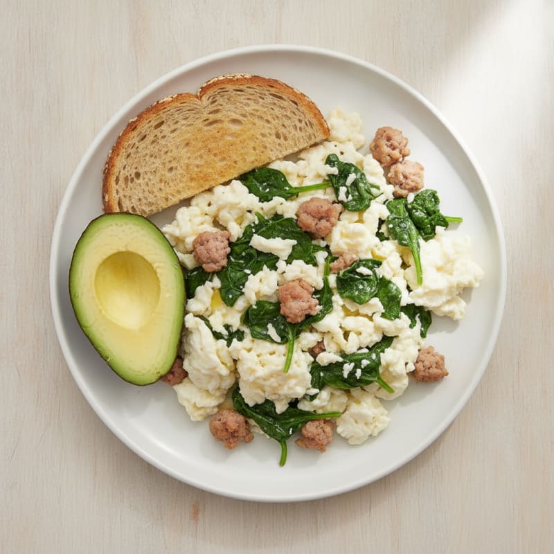 Egg White Scramble with Turkey Sausage and Sautéed Spinach