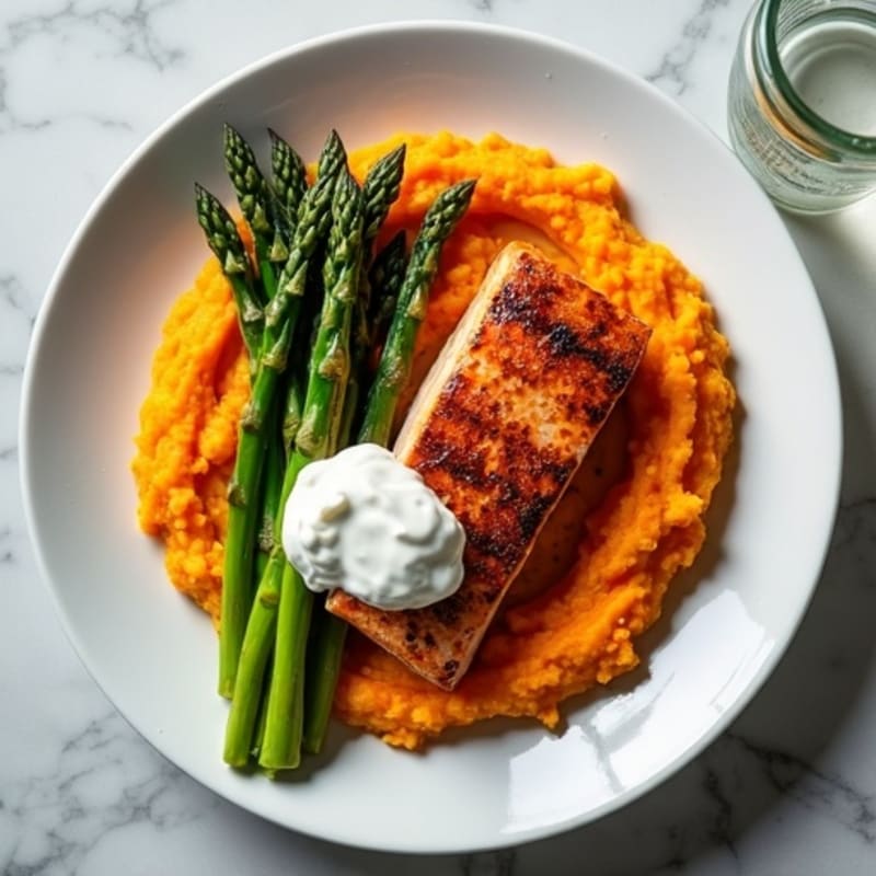 Seared Salmon with Roasted Asparagus and Sweet Potato Mash