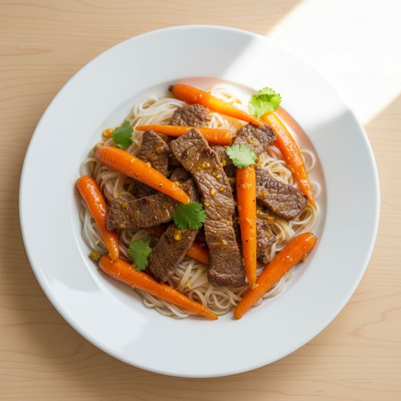 Seared Lean Beef Strips with Steamed Rice Noodles and Citrus Glazed Carrots