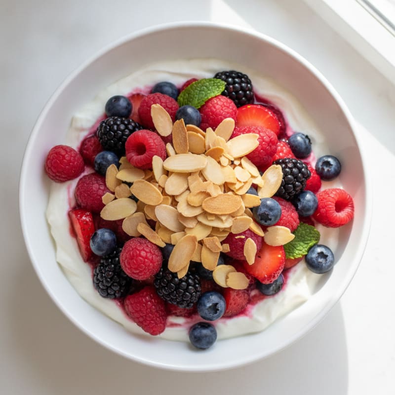 Greek Yogurt Protein Parfait with Mixed Berries and Almonds