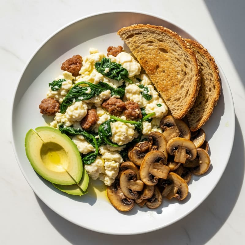 Egg White Spinach Scramble with Turkey Sausage and Sautéed Mushrooms