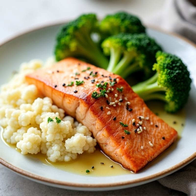 Seared Salmon with Steamed Broccoli and Garlic Cauliflower Mash